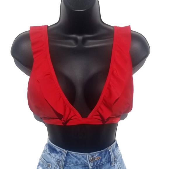 Red| Plunging V-neck | Ruffle Bikini Top - Picture 2 of 3